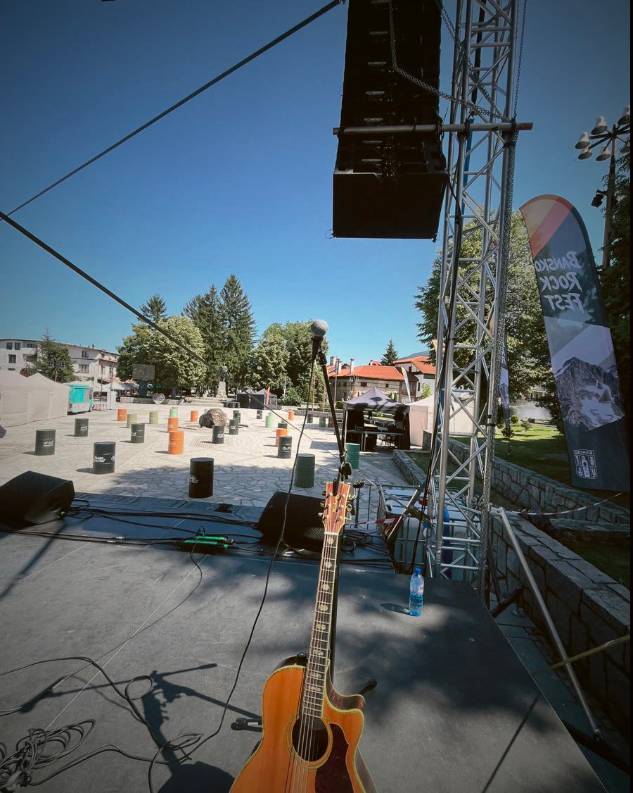 View from Kevin's spot on the Bansko Rock Fest main stage, his guitar on its stand